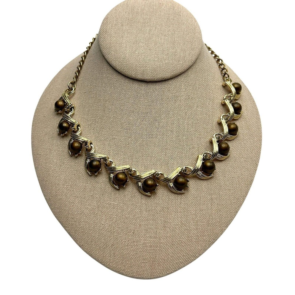 Vintage Mid Century Gold Tone Brown Cabochon Choker Necklace Thermoset